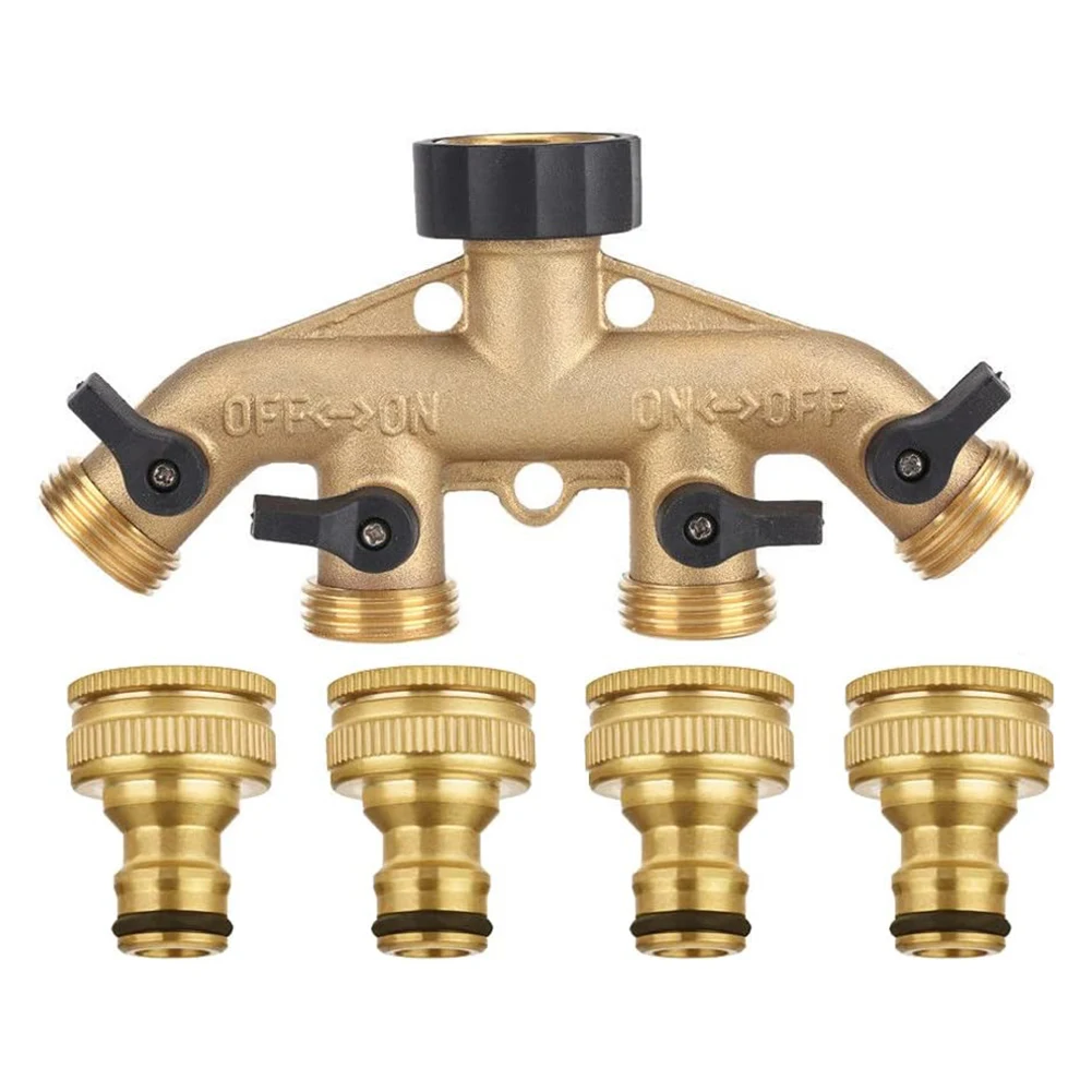 

4 Way Solid Brass Hose Splitter Connector With Shut Off Valves 3/4inch Graden Valve Connectors Irrigation Distributor