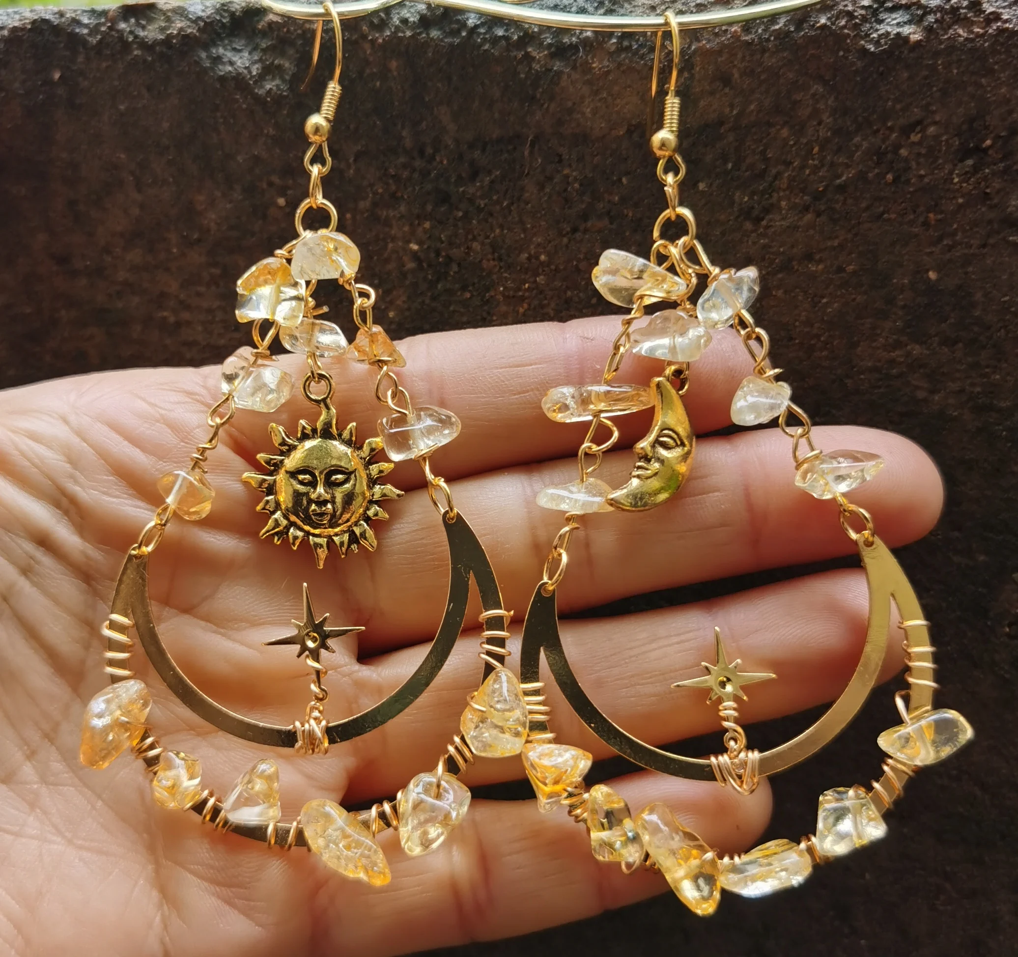 

Mismatched Citrine Sun and Moon Star Celestial Earrings, Witchy| Jewellery Earrings Boho Style Valentines Gift