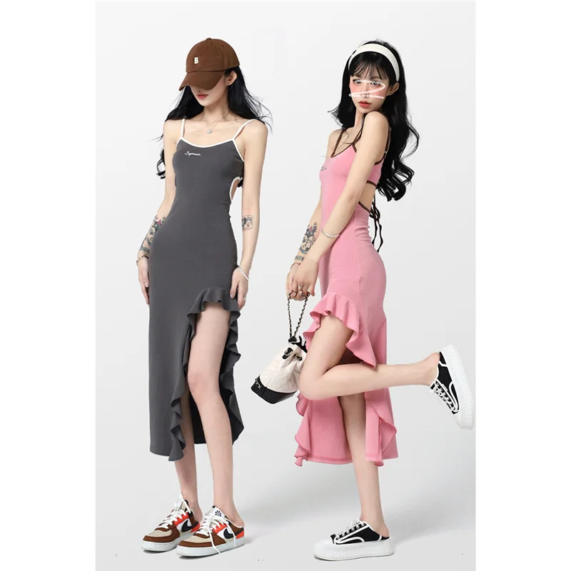 

Summer Pink Dress Womens Straps Dress Sleeveless Sexy Korean Fashion Suspender Simple Longuette Temperament Slit Skirt Dress