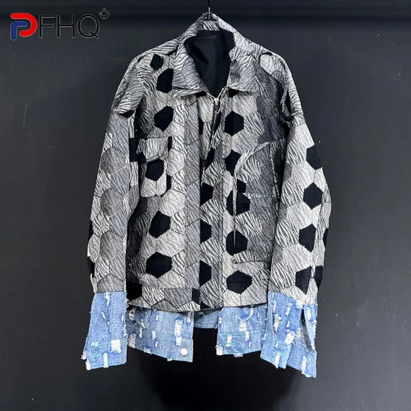 

PFHQ Men's Suede Pattern Print Jackets Loose Denim Versatile Fashion Zippers Patchwork Worn Out Niche Autumn Chic Coat 21Z2139