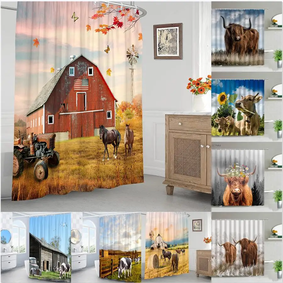 

Highland Cow Shower Curtains Set 3D Farm Animal Cattle Farmhouse Decor Polyester Fabric Bathroom Curtain Bathtub Screens Hooks