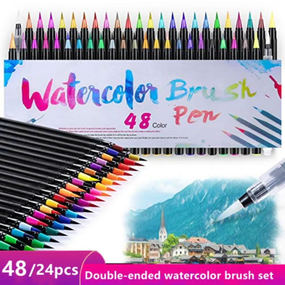Watercolor Brush Set 24/48 Colors Water-Based Drawing Marker Brushes Water Coloring Soluble for Adult Kids Calligraph Gifts