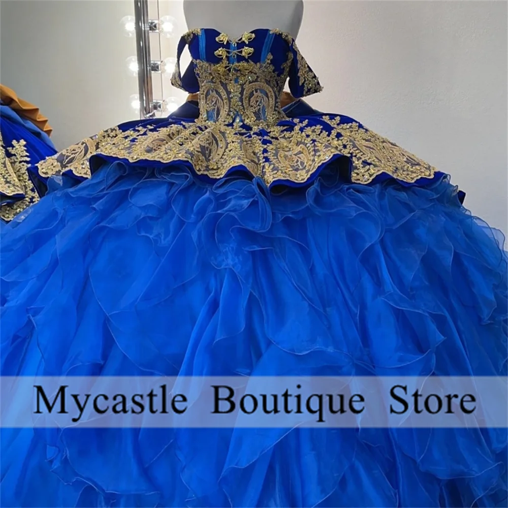 Роскошное синее мексиканское платье с аппликацией 2023 открытыми плечами оборками