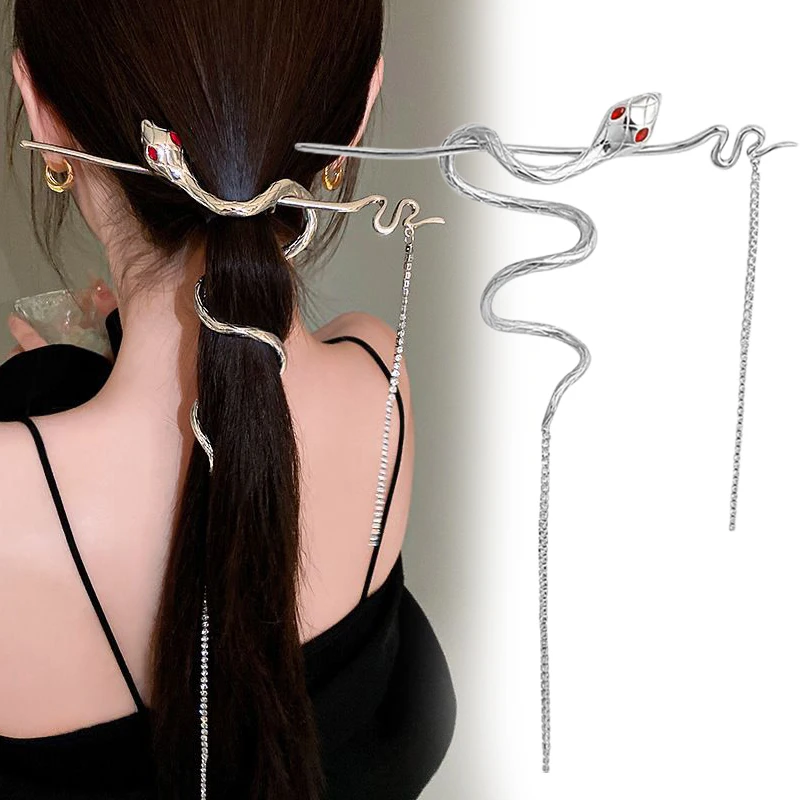 

Chinese Style Classic Snake Hairpin Girl Rhinestone Punk Metal Chain Fringed Headwear Female Hair Accessories Jewelry Gift
