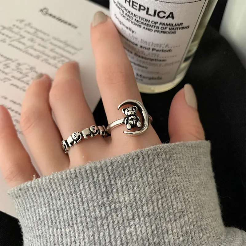 

925 Sterling Silver Rings for Women 2021 Trendy Vintage Moon Bear Elephant Design Adjustable Open Ring Fine Jewelry Party Gifts