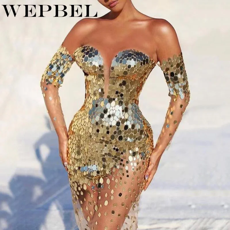 

WEPBEL Women's Party Dress Sexy Sequined High Waist Mesh Dress Spring and Summer Solid Color Long Sleeve Strapless Slim Dress