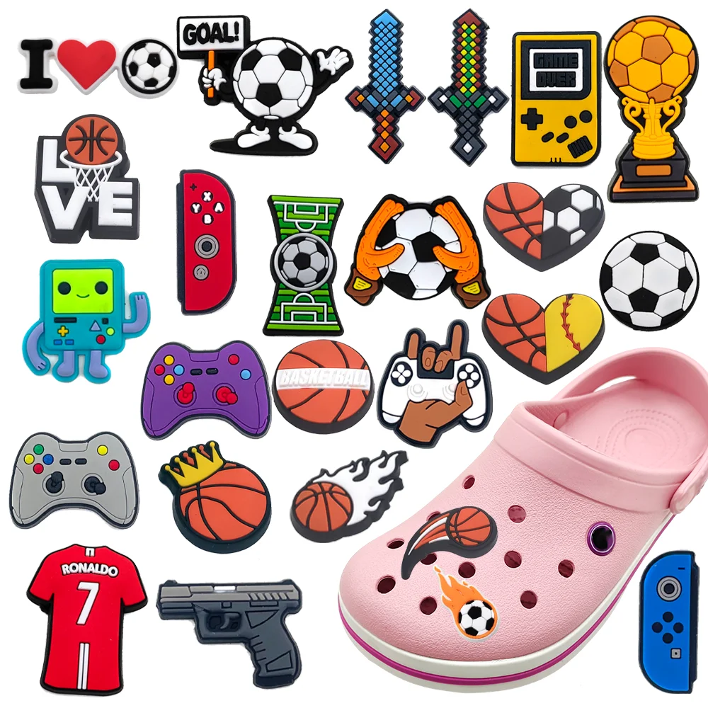 1Pc GamePad Croc Charms PVC Sports Basketball Soccer Shoe Decoration Charms Clog Sword Shoe Accessories Kids Boy Teen Favor Gift
