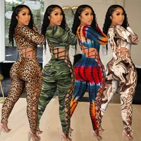 large size ladies jumpsuit new autumn and winter hot style long sleeved sexy low cut tether tight fitting printed hollow