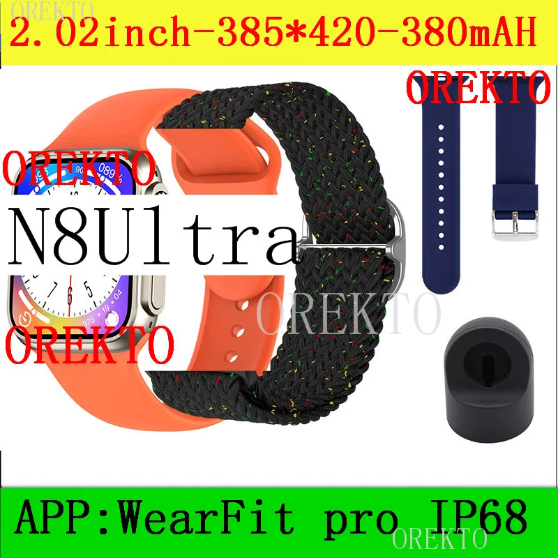 

OREKTO Waterproof IP68 Smart Watch N8 Ultra Series 8 Men Women Bluetooth Call Sports Smartwatch 380mAH 2Inch 385*420 HD Screen