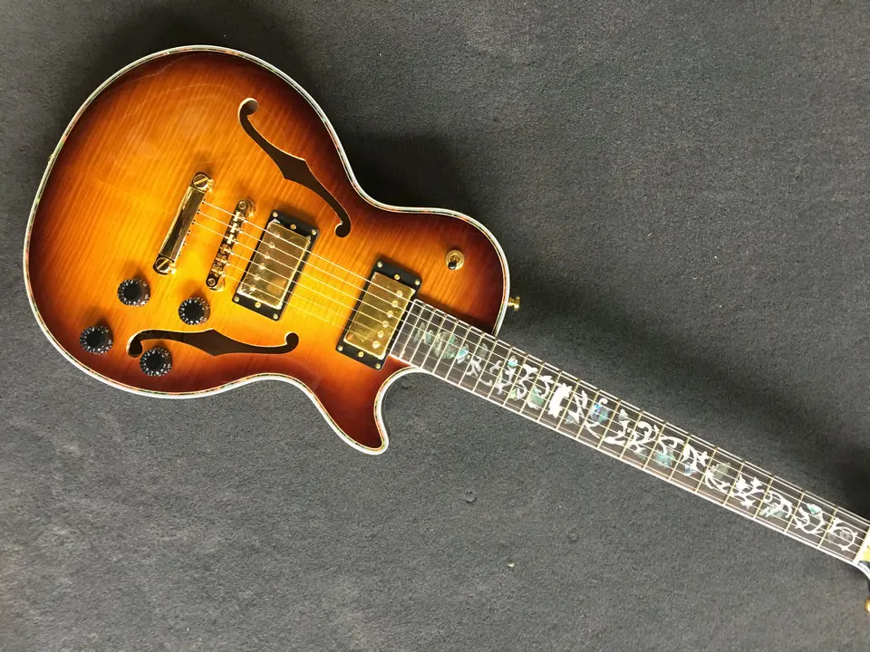 

custom shop.double Tiger Flame yellow jazz electric guitar.golden hardware.yellow color custom Jazz guitarra.