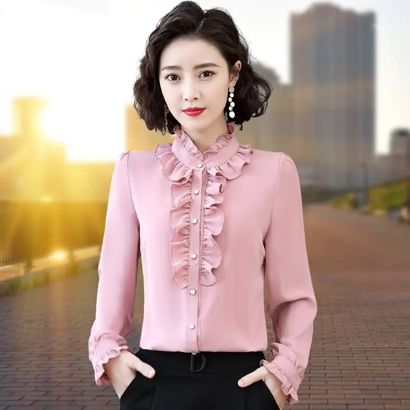 

2022 Spring And Autumn New Professional Shirt Ruffle Chiffon Shirt Women's Long Sleeve Wood Ear Collar Casual Women's Wear