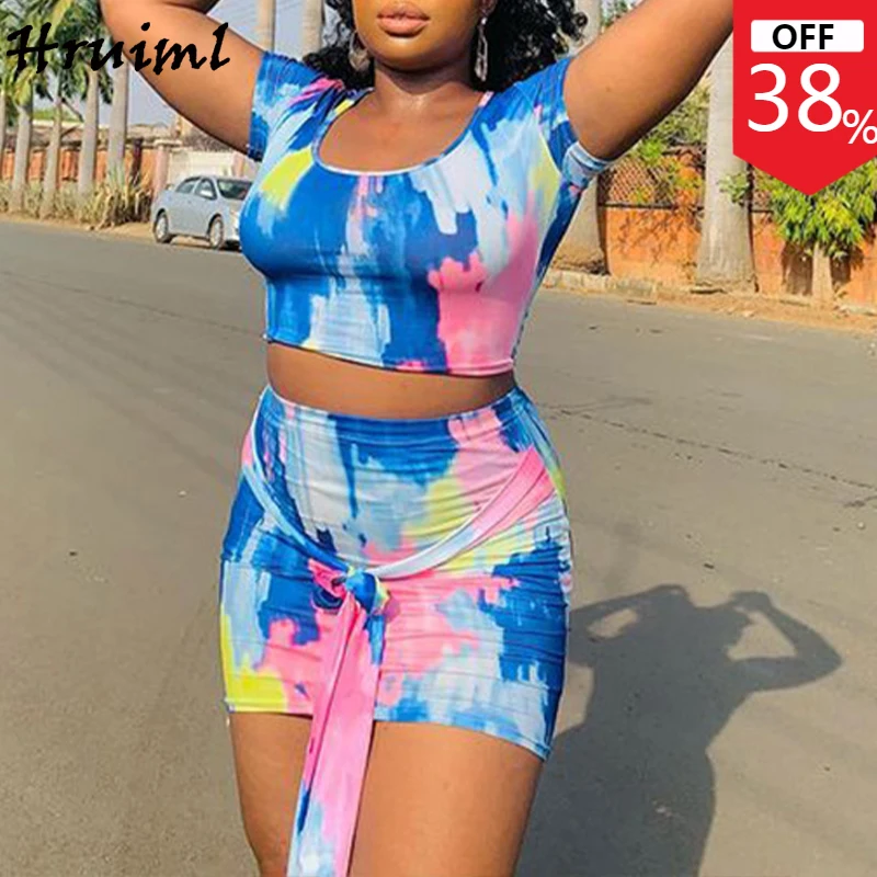 

Женский спортивный костюм, футболка с круглым вырезом, короткие штаны, принт тай-дай, тонкий, Модный женский костюм, повседневные летние спо...