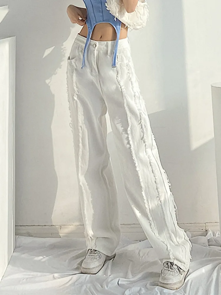 

WOMEGAGA Street Style Solid Color Retro Tassel Straight Jeans High Waist Loose Style Raw Edge Design Fashion Women's Y2CU