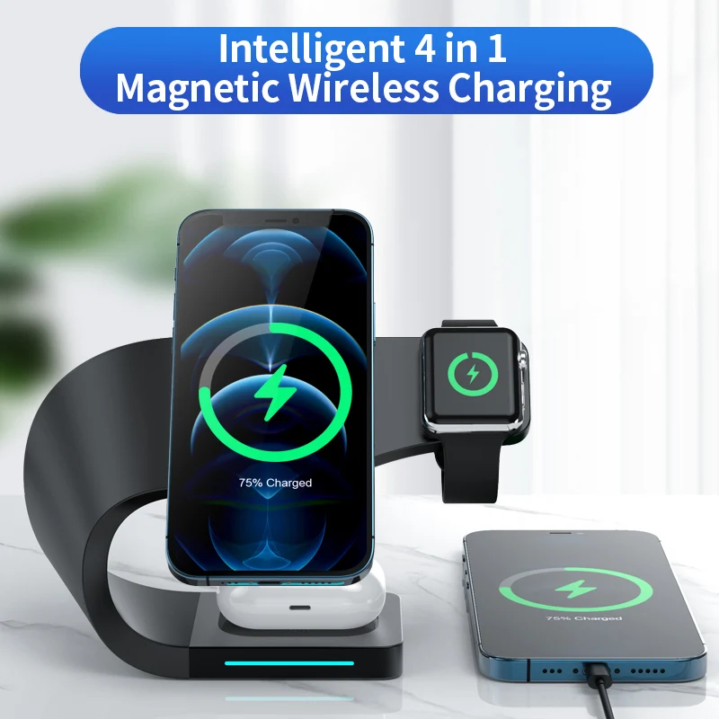 15W Fast Wireless Charger Stand For iPhone 14 13 12 11 8 Apple Watch 4 in 1 Foldable Charging Station for Android Series