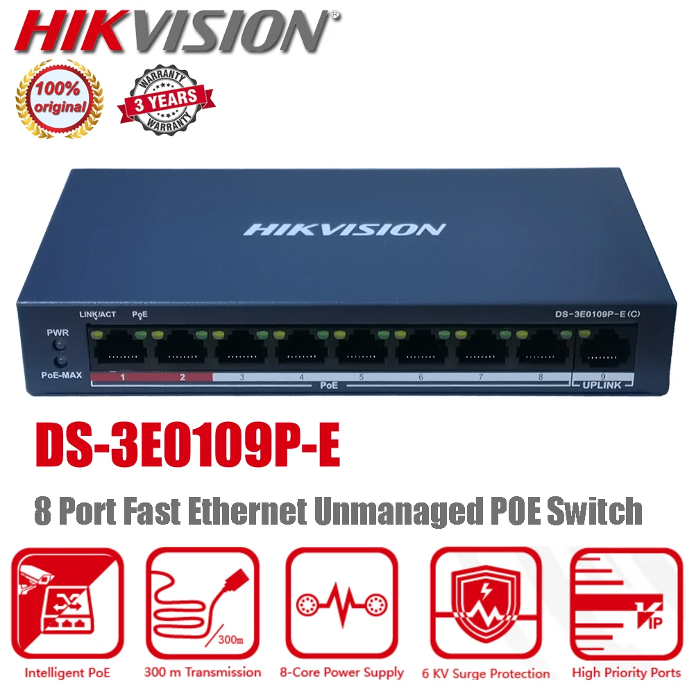 Hikvision DS-3E0109P-E 6KV Surge Schutz 300m Long Range 8 Port Fast Ethernet Unmanaged POE Schalter DS-3E0109P-E/M