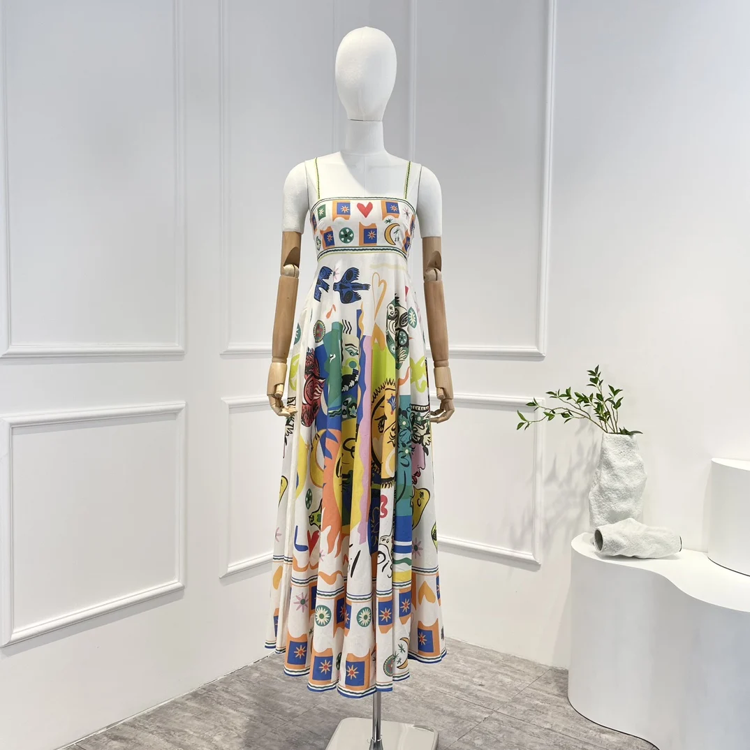 

Latest 2023 Summer Spring Top Quality Solid Ramie Floral Cartoon Print Camisole Bohemia Maxi Dresses for Women Holiday