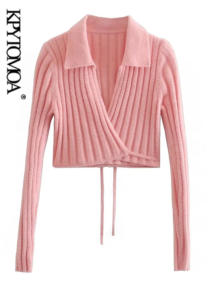 

KPYTOMOA, Женский Модный укороченный вязаный кардиган с запахом, винтажный свитер с длинным рукавом, женская верхняя одежда, шикарные топы