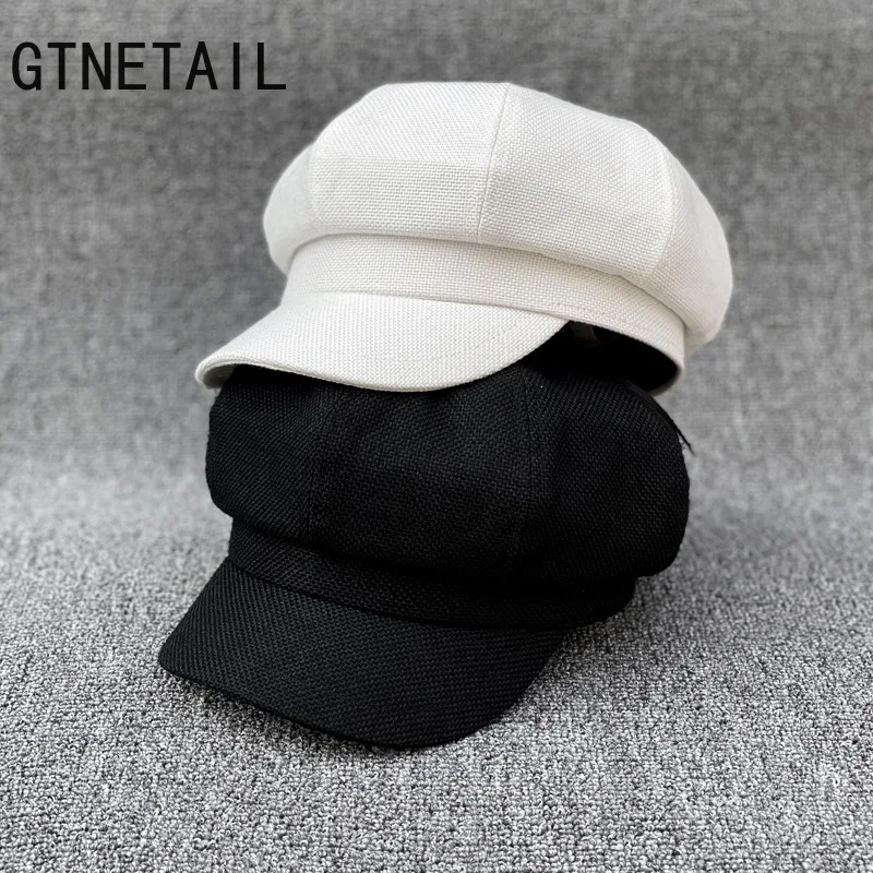 

Linen Newsboy Cap Women White French Painter Hat Ladies Spring Summer Beret Female New Octagonal Cap Baker Boy Hat