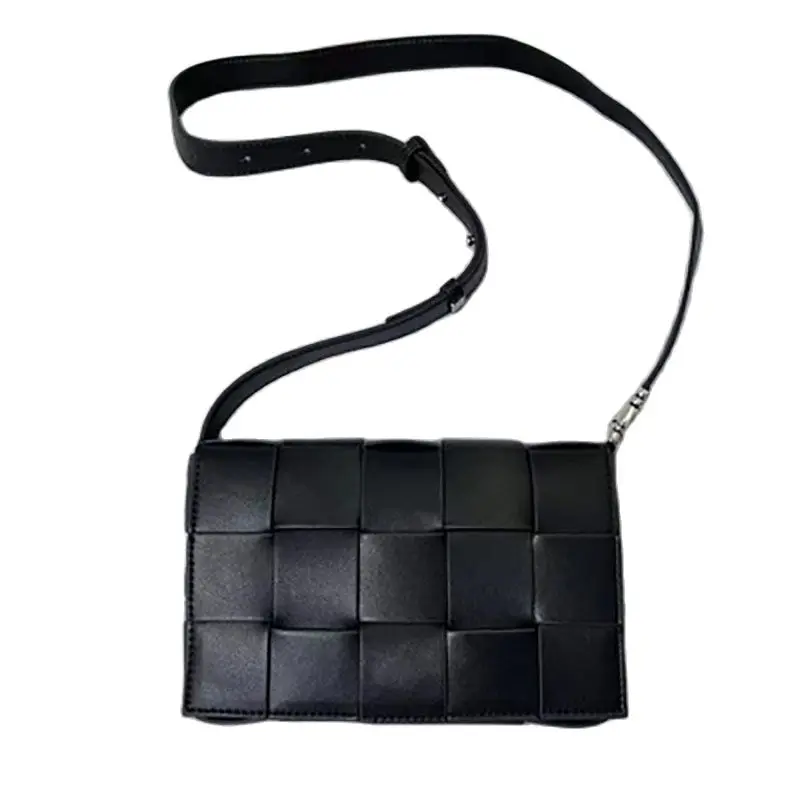 

Leather Woven Cross-Body Bag Female Fashion Square Plaid Solid Colors Nuleez Brand Flap Handbag Adjustable Strap Metal On