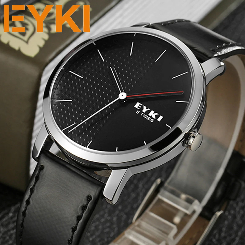 7075 EYKI Brand Men Leather Watches Black Simple Mens Business Quartz Wrist Watch For Women Clock Relogio Masculino Montre