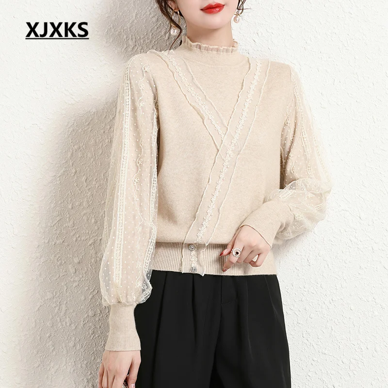 

XJXKS, новинка сезона осень-зима 2022, высококачественный шерстяной вязаный пуловер, удобный женский свитер с высоким воротником, джемпер