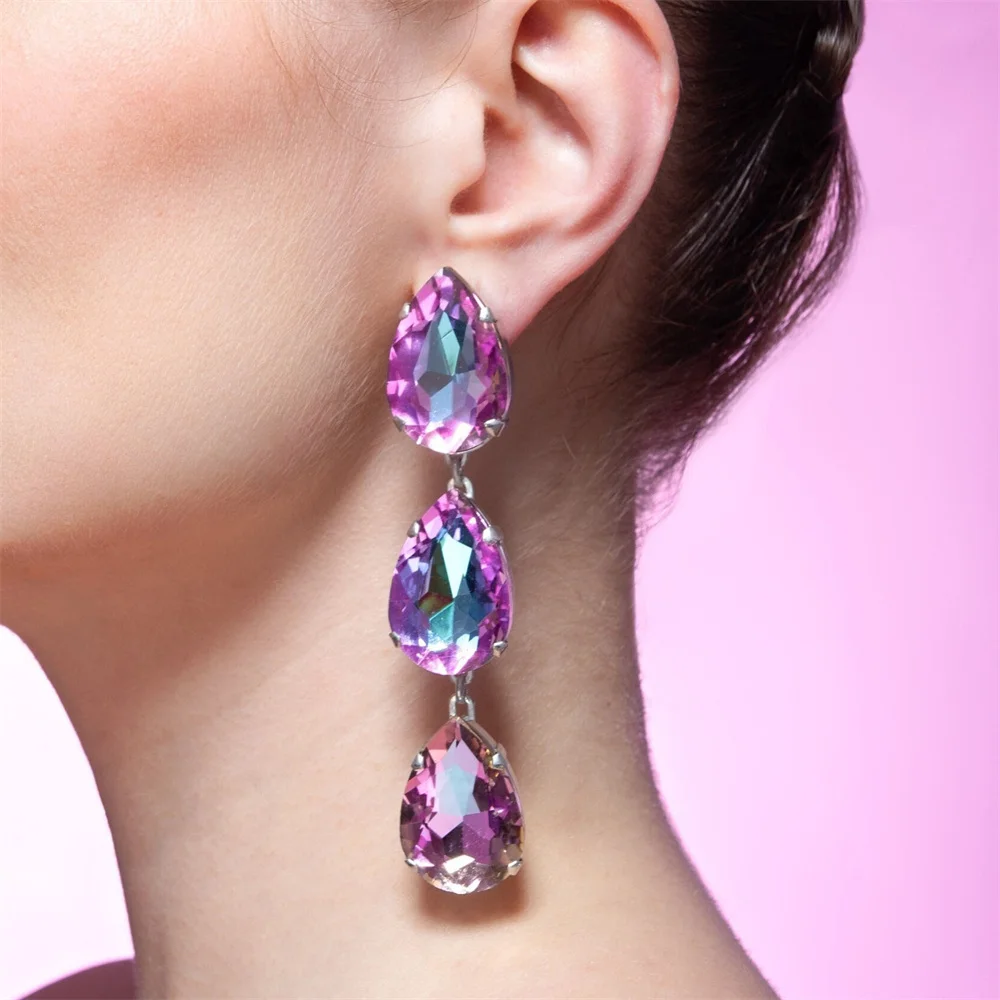 

Exquisite Shiny Three Layer AB Colour Large Gem Water Drop Pendant Earrings Ladies Fashion Bling Crystal Long Earrings Jewelry