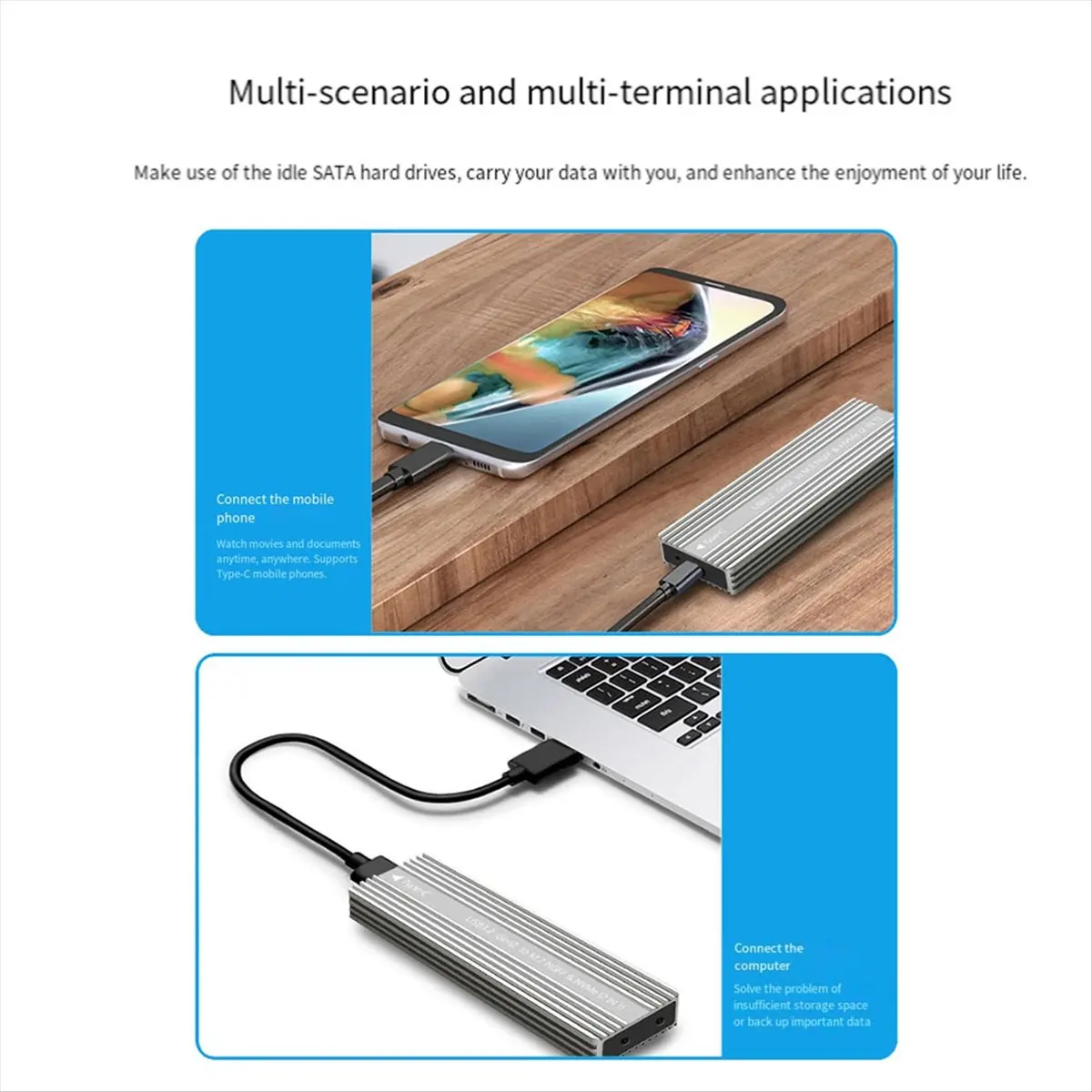 Фото НОВАЯ АКЦИЯ: Корпус для M.2 SSD USB 3.2 Type-C, металлический, с охлаждением, поддержка SATA/NVMe, для двух протоколов, модель B №4