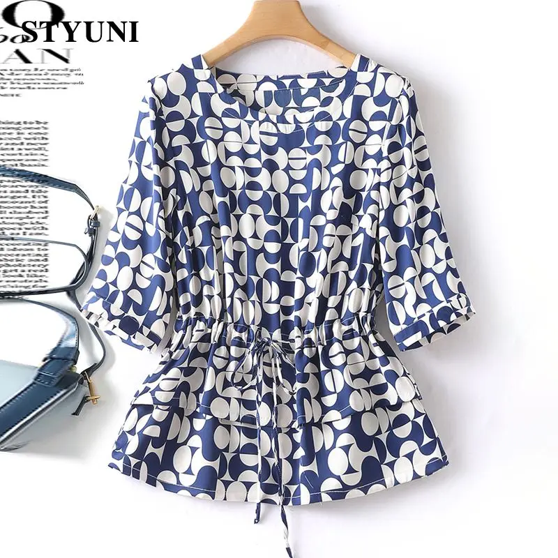 

Geometric Plaid Printing Vintage O-Neck Lace Up Elastic Waist Women's Blouse Shirt Pullover Korean Fashion Female Clothing Tops