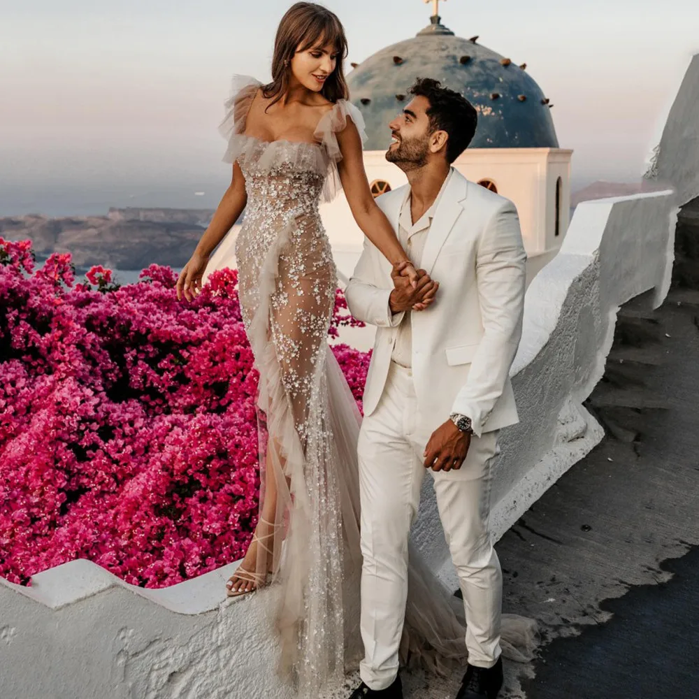 

Square Neck Prom Dress Ruffles Dress Champagne Wedding Dress Crystals Beaded Wedding Evening Dress With Long Train Elegant Dress