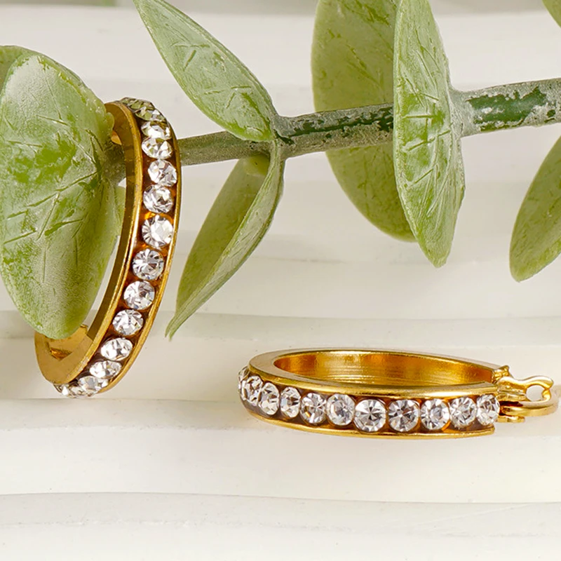 

Simple Luxury Hoop Earrings for Women Trendy Round Diamond Inlay Dangle Earring Fashion Gold Stainless Steel Jewelry Accessories