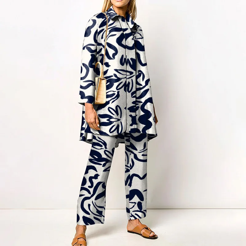 Spring Autumn Women's Two Pieces Set Loose Blouse Pants Print Casual Two Pieces Multi Patterns Long Sleeve Big Sizes S-3XL 9927