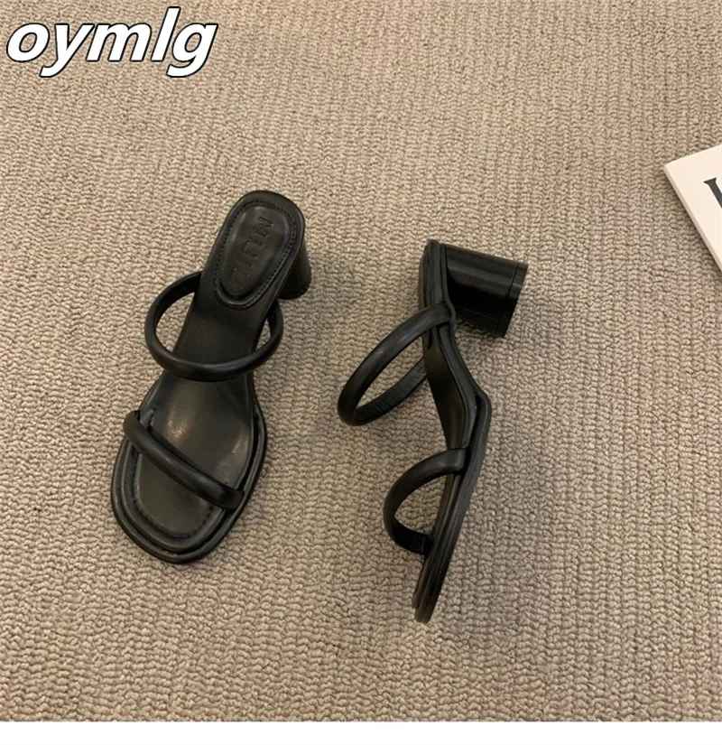 2022women's summer one word with square heels high heels lazy people square toe open-toe outside wearing beach half drag sandals