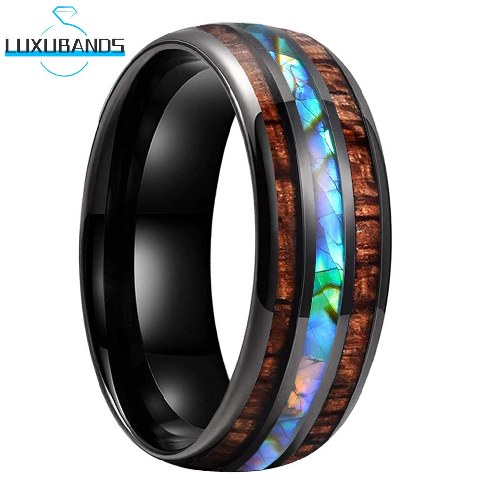 

Tungsten Carbide Wedding Ring Black 8mm Abalone Shell Chip Koa Wood Inlay Grooved Engagement Bands Polished Finish Comfort Fit