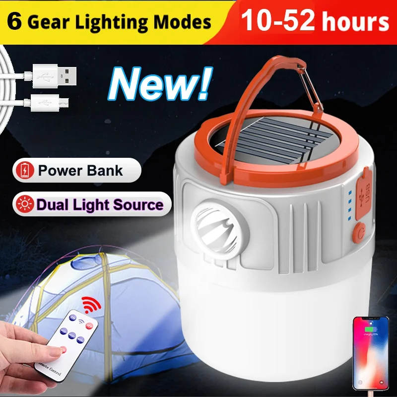 Portable 6 Modes Solar Camping Light Searchlight Dual Light Source Emergency Tent Lamp USB Charger Waterproof Night Market Bulb