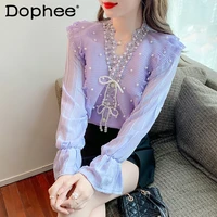 high end french style bead long sleeve ruffled shirt womens sweet purple lace blouse top female blusas mujer de spring 2022 new
