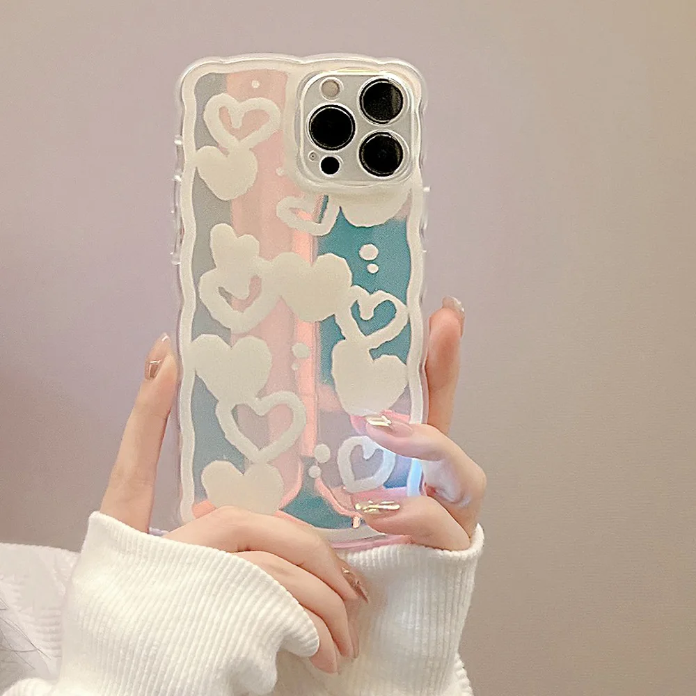 

Cute Fantasy White Love Heart Laser Wavy Frame Phone Case For iPhone 11 12 13 Pro Xs Max Xr X 7 8 Puls SE 2 Soft TPU Cover