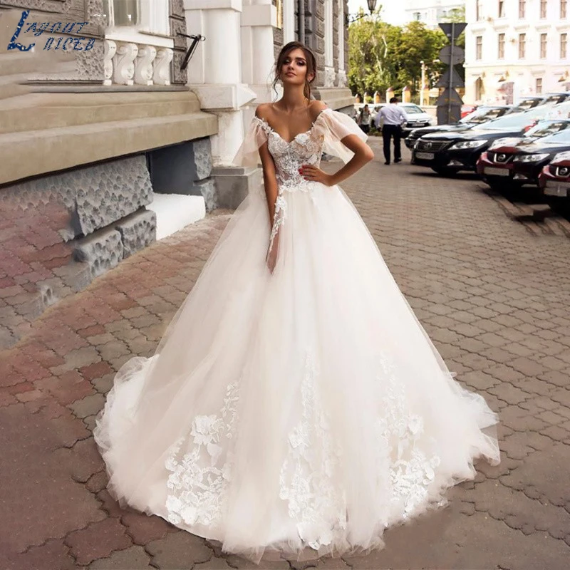 

LAYOUT NICEB Romantic Princess Wedding Dresses Sexy Off The Shoulder Lace Tulle Bridal Gowns Open Back Sweetheart Bride Dresses