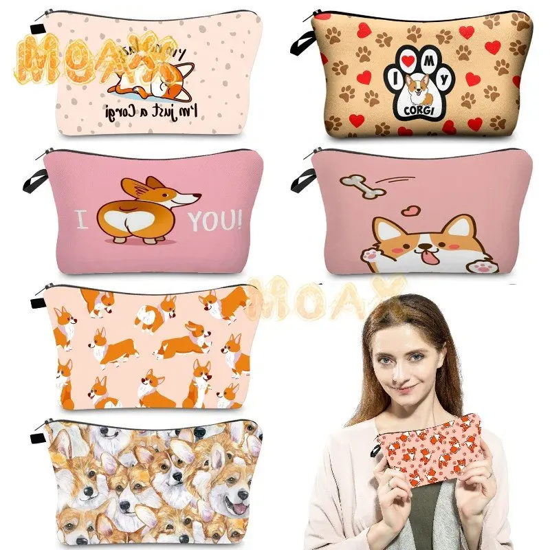 

Corgi Dog Print Makeup Bag Durable Female Cosmetic Bags Kids Pencil Cases Zipped Canvas Travel Outdoor Organizers Storage Bag