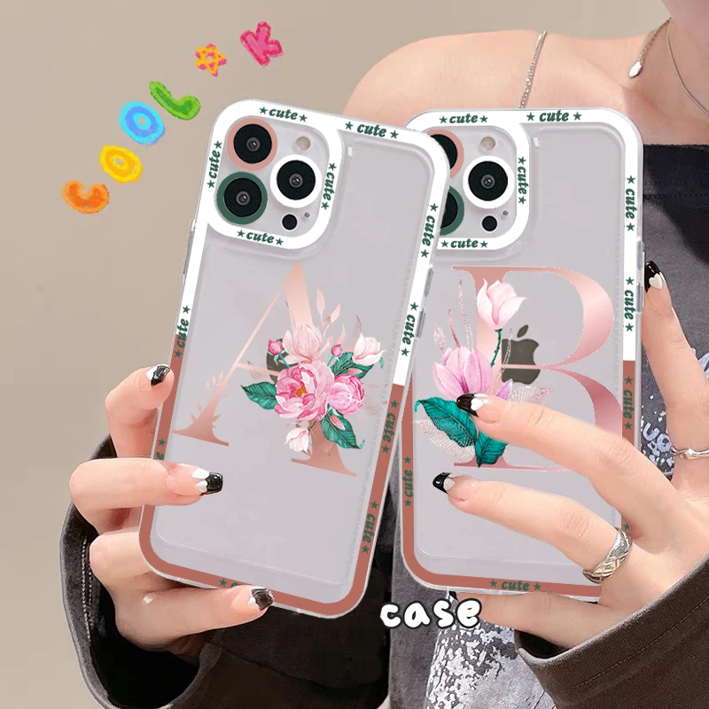 

Custom pink Flower black A to Z Initial Alphabet Phone Case for iPhone 11 12 13 Mini Pro Max 14 Pro Max Case shell