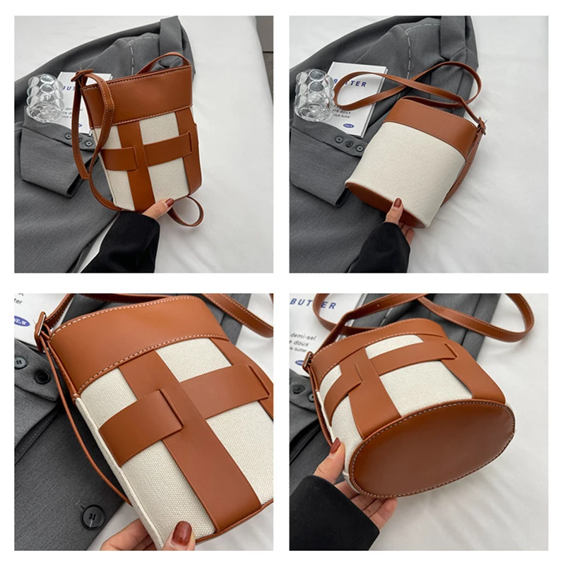 The Bucket Bags for Women PU And Canvas Casual Handbag Crossbody Tote Bag Bucket Bag Trendy Fashion Drawstring Lady Hobo Bag