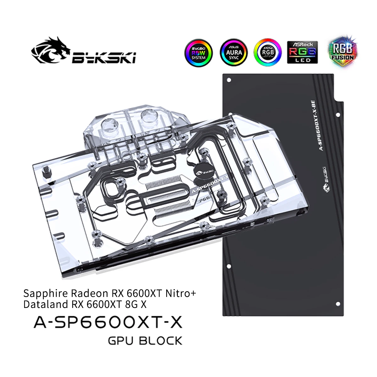 

Блок графического процессора Bykski для Sapphire Radeon RX 6600XT, кулер для водяного охлаждения с полным покрытием графического процессора
