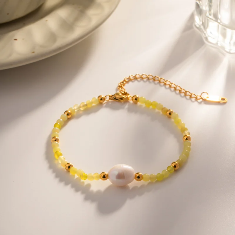

Minar Textured Baroque Freshwater Pearl Charm Bracelets for Women 18K Gold Titanium Steel Yellow Crystal Strand Beaded Bracelet