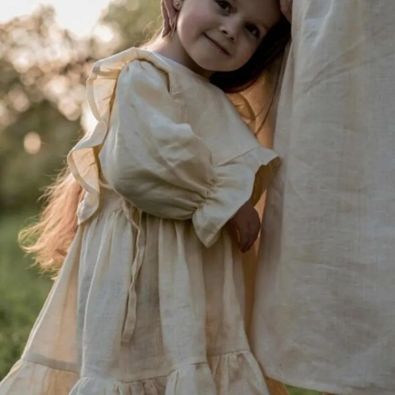 

Платья для маленьких девочек 2023, платье и жилет из хлопка и льна с оборками для маленьких девочек, комплект из двух предметов, платье принцессы