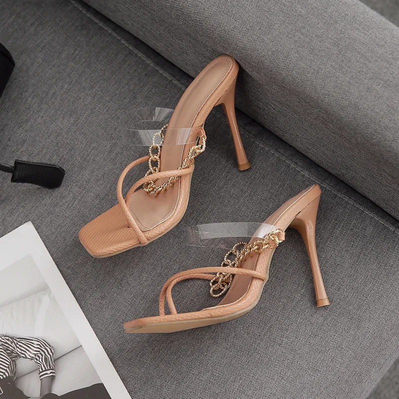 2022 Summer Women Shoes New Fashion Chain Decoration Square Open Toe Thin High Heel Slides Slip-On Outdoor Sandals 35-42