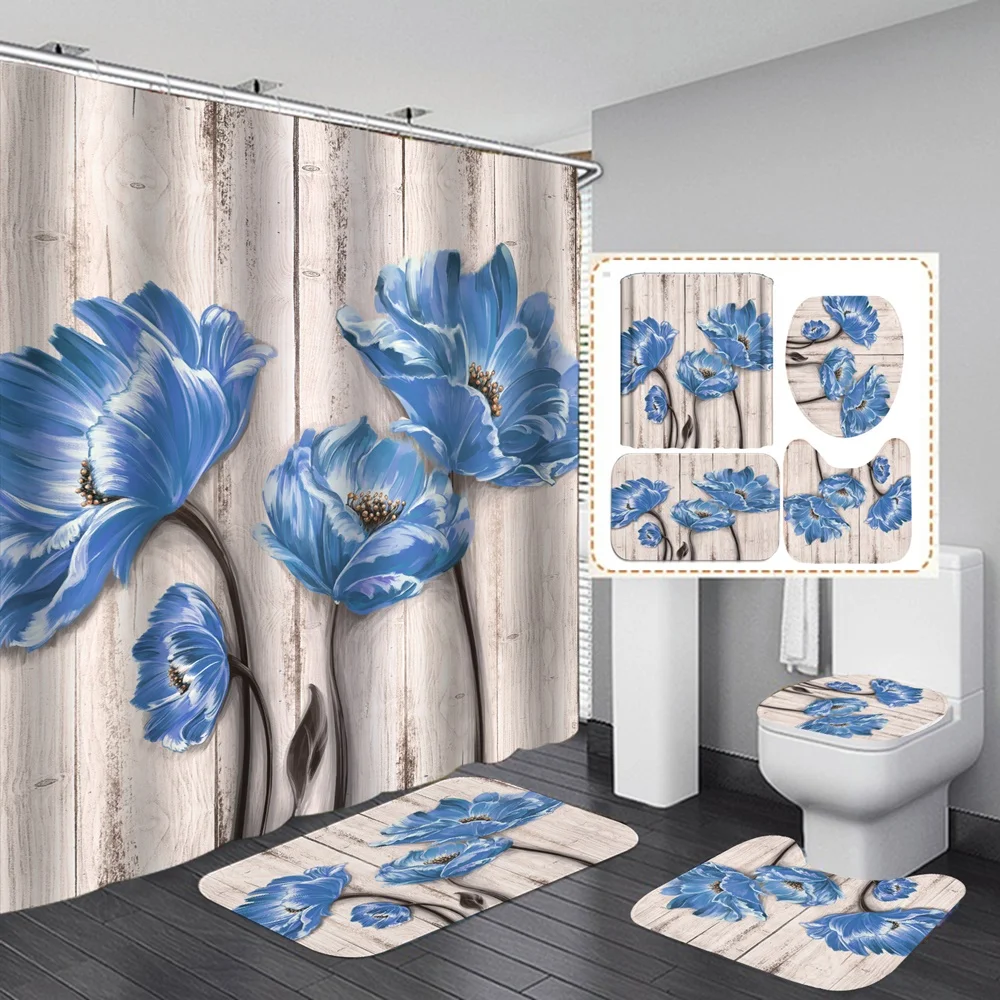 

Teal Poppy Flower Shower Curtain Sets Abstract Floral Rugs Toilet Lid Cover Bath Mats Bathroom Retro Wooden Board Baths Curtains