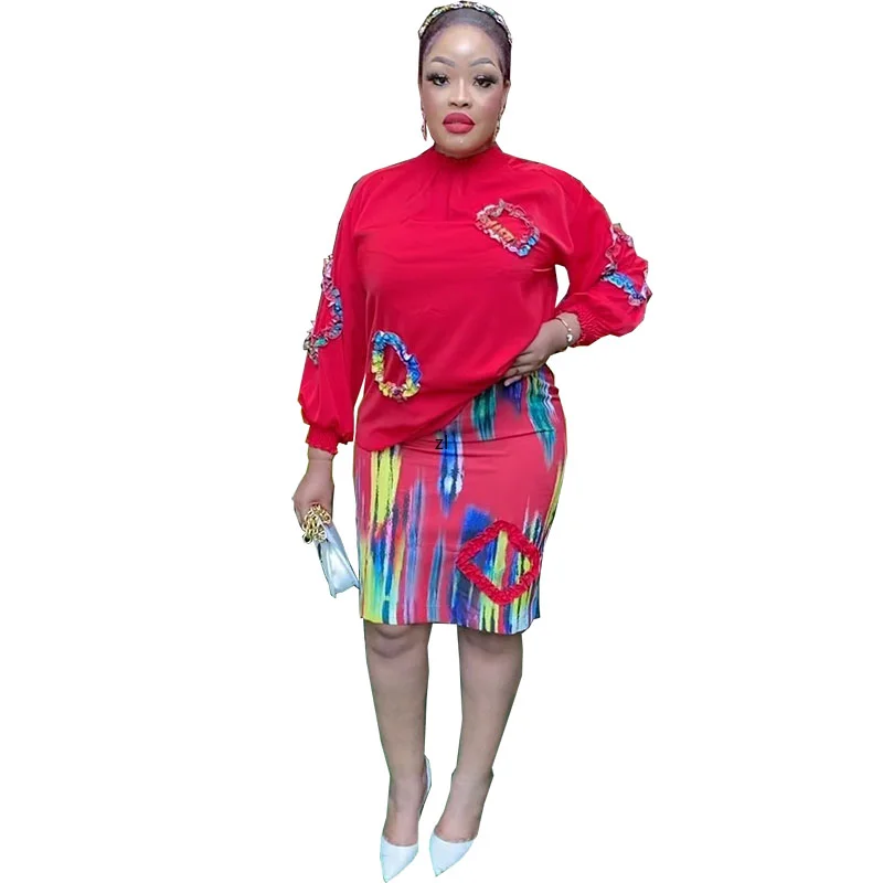

2023 Spring Summer Matching Skirt Sets Fashion Temperament New Print Y2K Long Sleeve Shirt Female High Waist Slim Skirt Suit