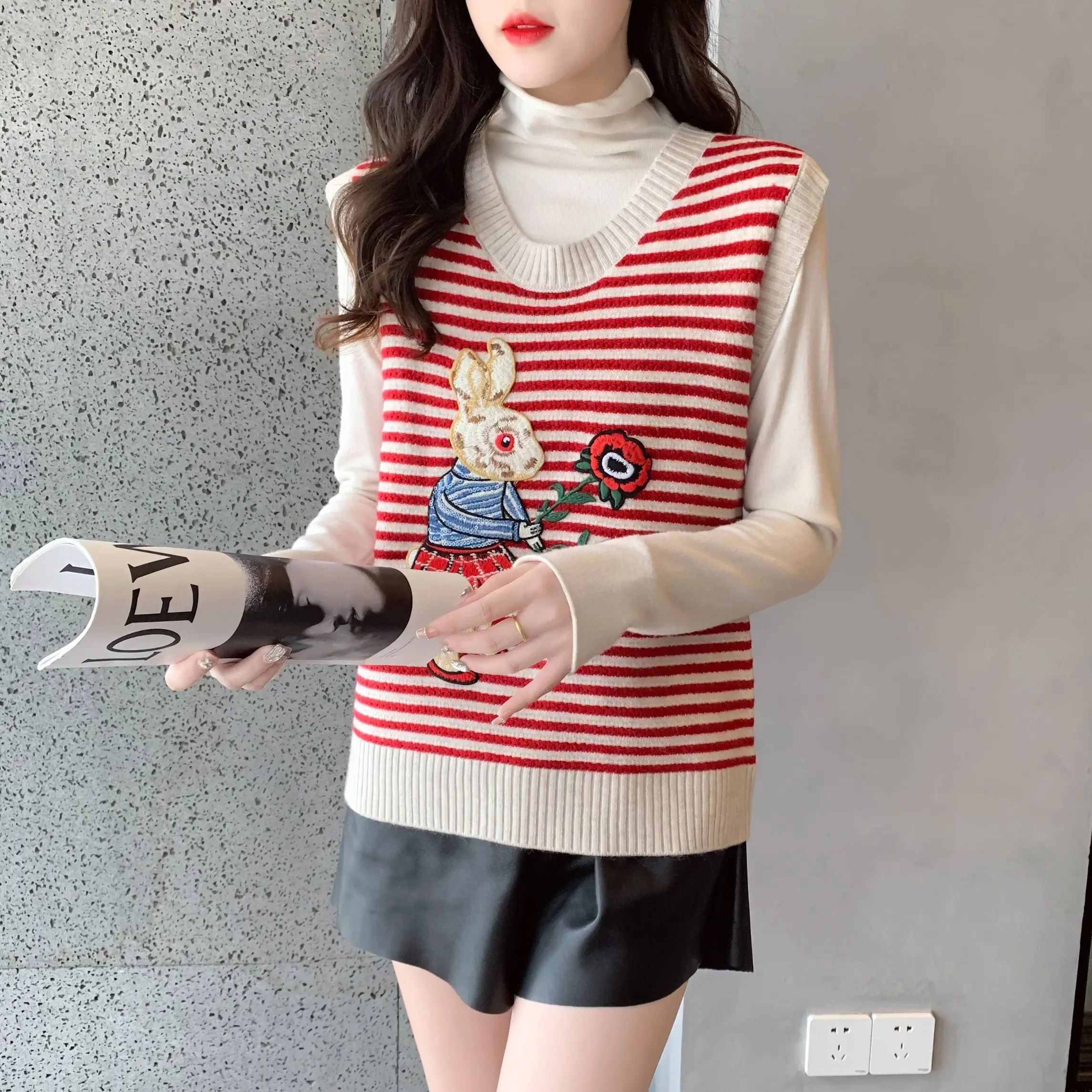 

22146 полосатый круглый воротник с вышивкой кролика ma3 jia3 35