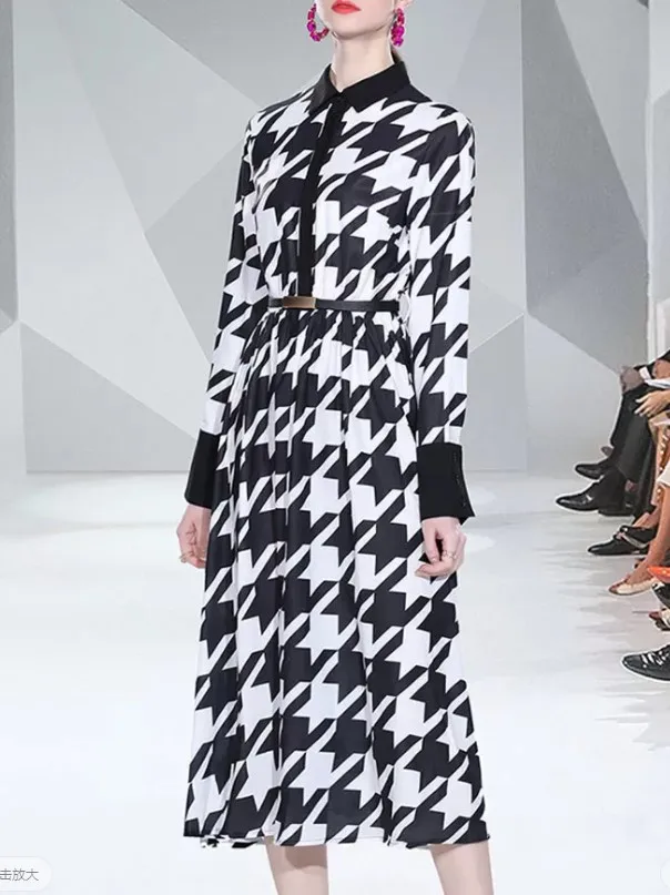 

Plaid Dress Women Spring Autumn Long Sleeve Turn-down Collar Belt A line Casual Dresses Vestido