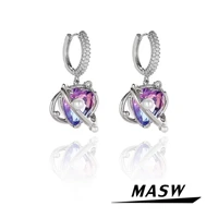 masw popular jewelry purple black heart earrings hot sale high quality brass metal round circle aaa zircon earrings for women