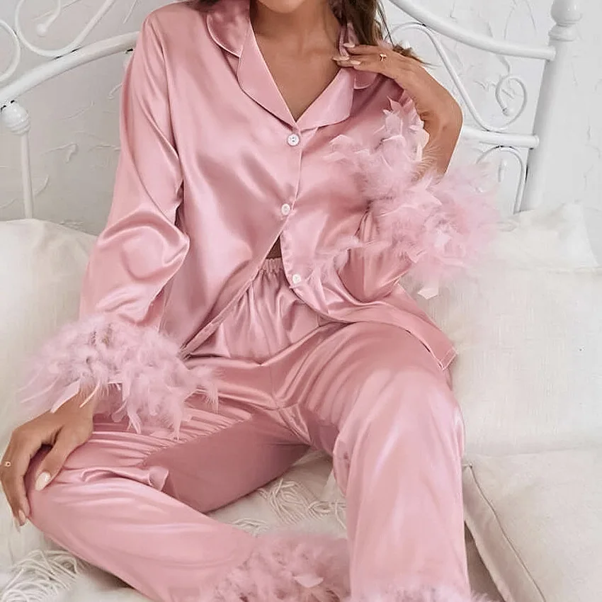 

Wholesale Women Pajama Sets Feather Trims Ladies Loungewear Homewear Set Fashion Sleepwear Pj Set